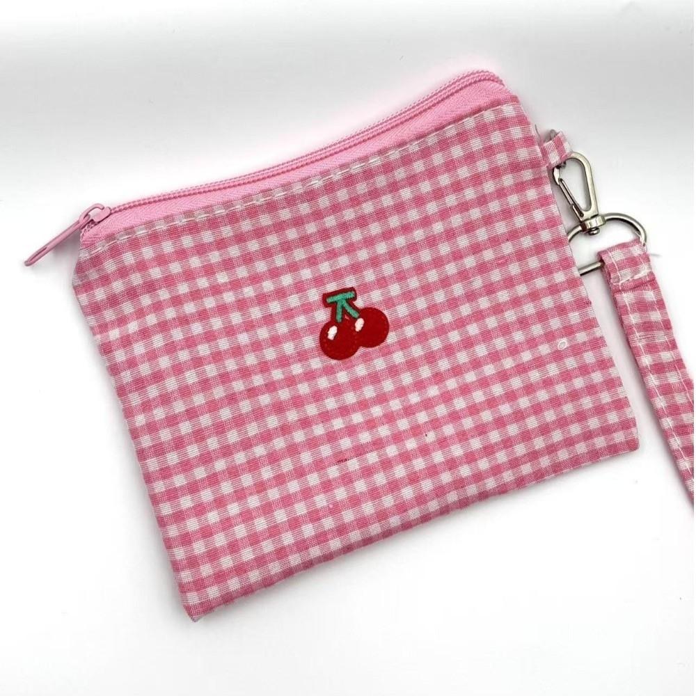 

New Cherry Makeup Bag Plaid Canvas Cosmetic Lipstick Storage Bag Large Capacity Portable Coin Purse розовый