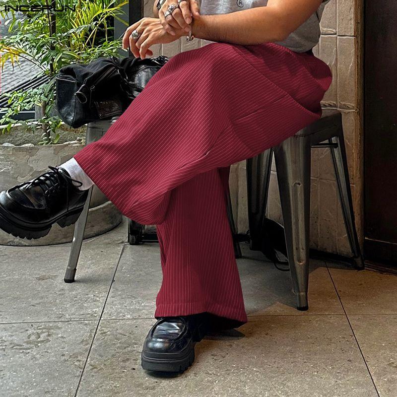 INCERUN Herren Freizeit Elastischer Bund Gestreifte Lange Weite Beine Hosen
