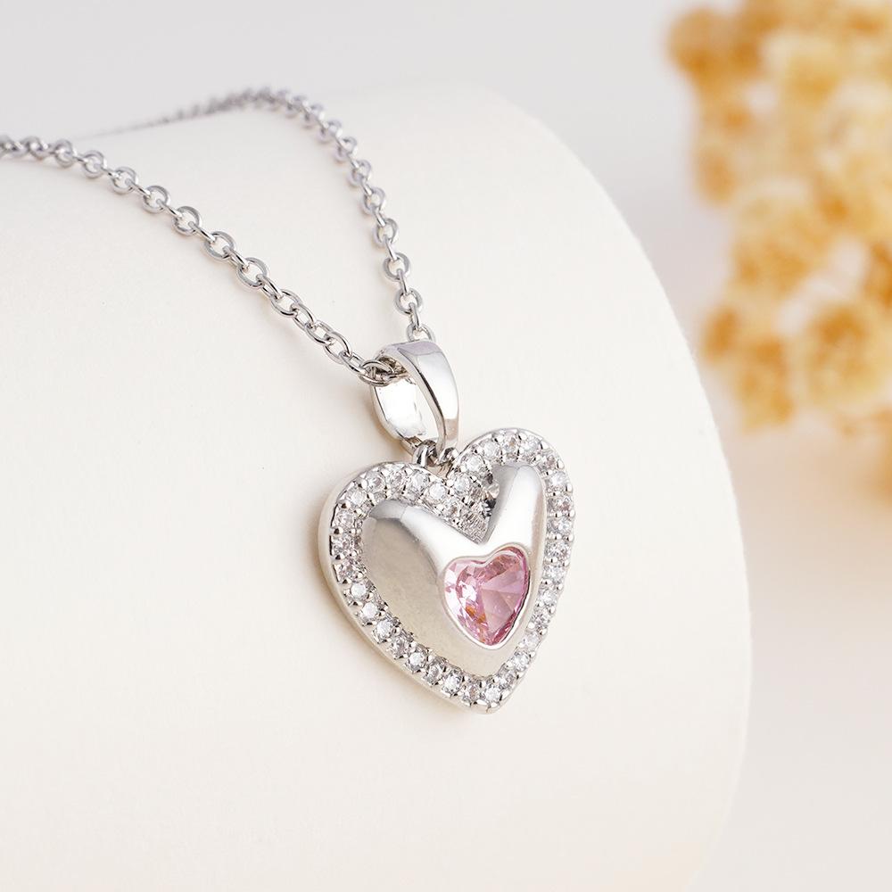 Romantic Pink Zircon Love Heart Pendant Necklace for Women Girls Stainless Steel Chain Luxury Sweet Collar Jewelry Gifts