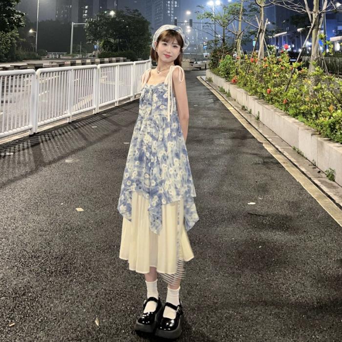 Daisy suspender dress women s summer new style fairy vacation oil painting wind sweet floral dress S