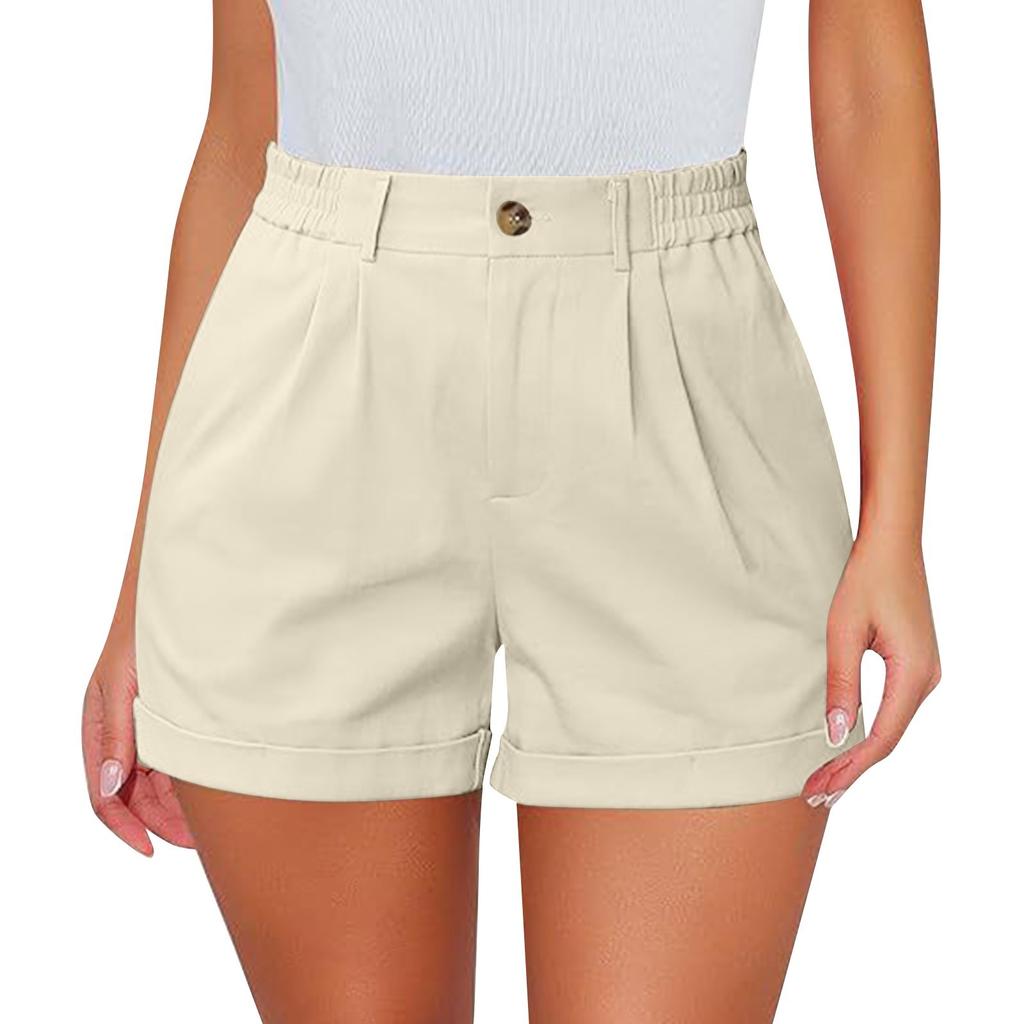 Women's Fashion Sexy High Waist Casual Cotton Stretch Single Cotton Twill Waist Pleated Summer Three-quarter Shorts With Pockets