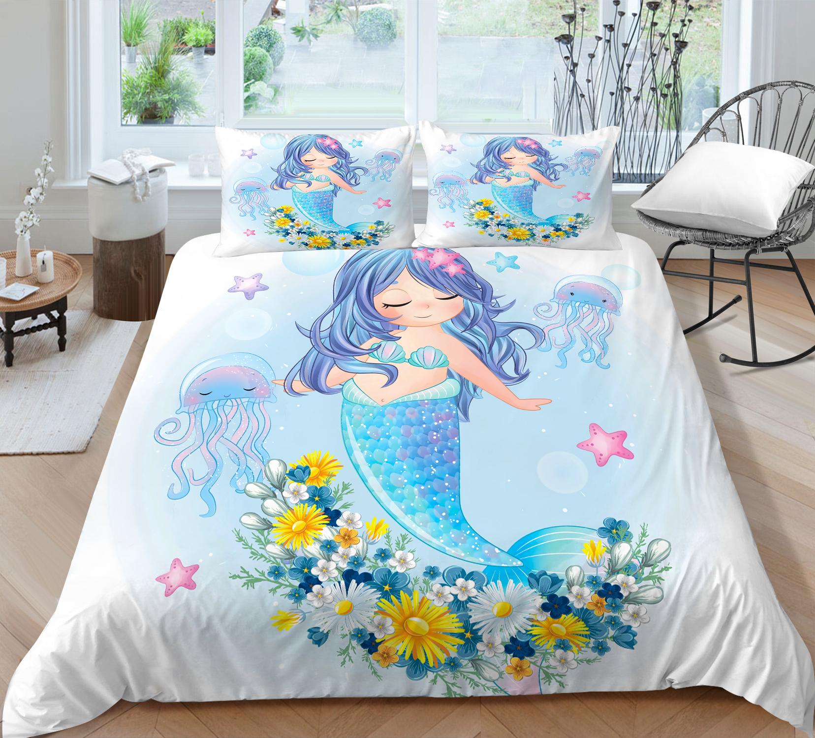 

3D постельное белье с русалкой, пододеяльник с рисунком маленькой девочки, наволочка из 2 или 3 предметов для комнаты для девочек, детская комната, мягкая моющаяся молния, украшение для дома Baby 100x135cm