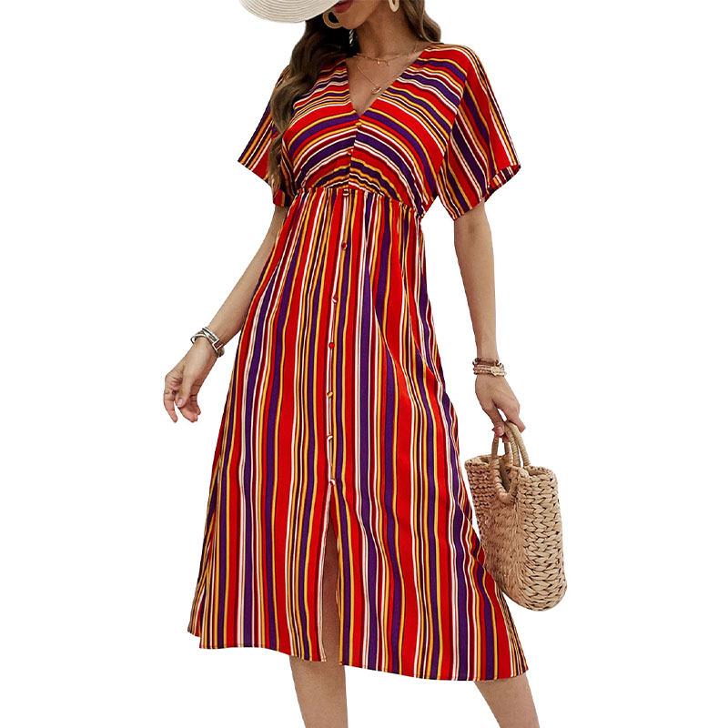 Καλοκαιρινό Γυναικείο Φόρεμα Πολύχρωμο Ριγέ Καθημερινά Φορέματα Λαιμόκοψη V Κουμπιά Ψηλή Μέση Μακριά Φορέματα