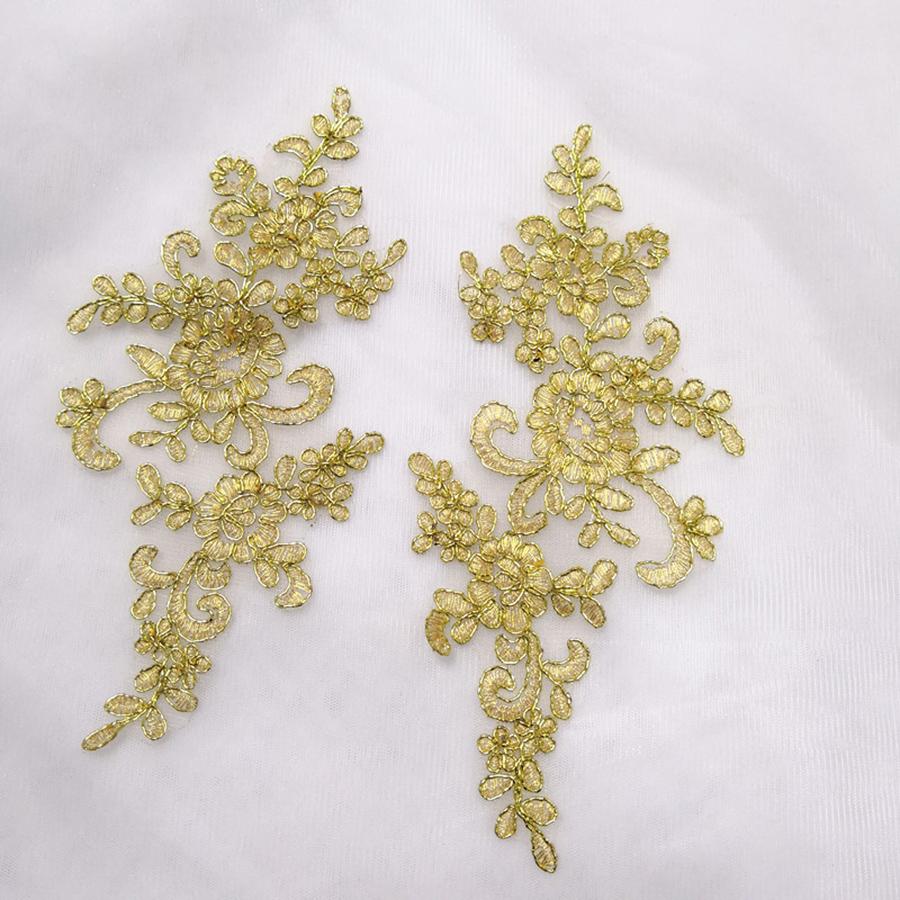 1Pair White Golden Lace Applique Sew On Patch Applique Embroidery Flower Exquisite Trim Patches