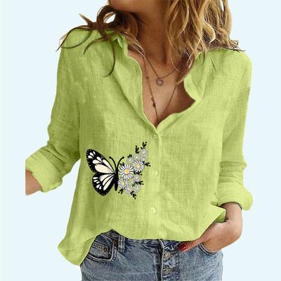 Damesmode Shirt met Vlinderprint Lente&herfst Casual Lange Mouw Linnen Top Vrouwelijk Vest Lange Mouw Blouses