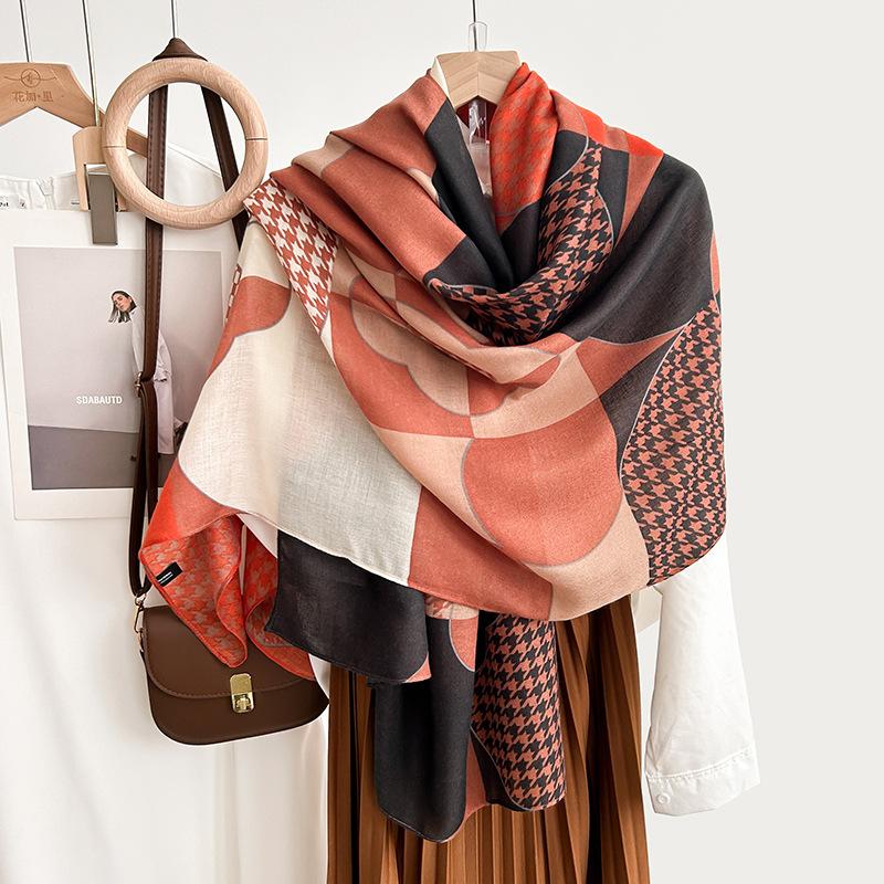 High value, simple and creative, geometric printed silk scarf, women's trendy and fashionable, high-end air-conditioned room temperament shawl