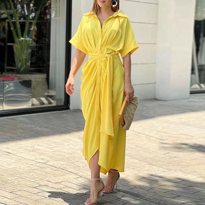 2026 Spring Women's Lace-Up Waist Short-Sleeve Solid Color Shirt Dress