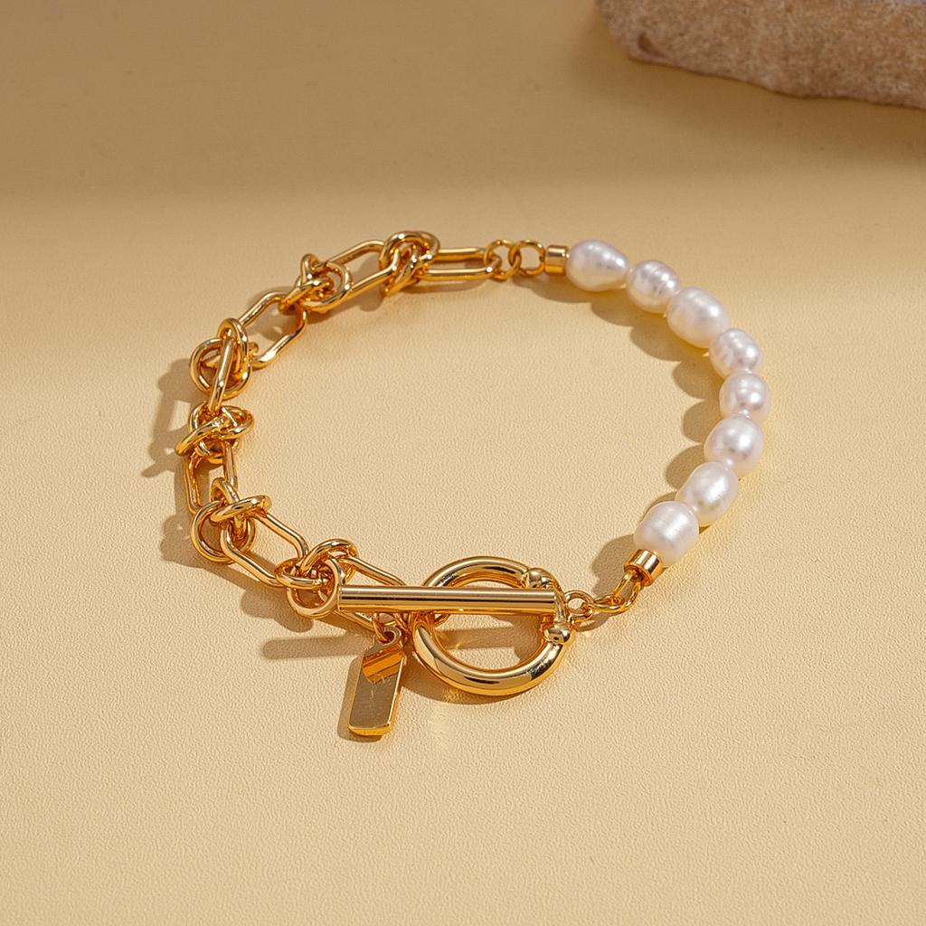 18k Real Gold Electroplated Imitation Pearl Chain OT Chain Bracelet Elegant Temperament Jewelry