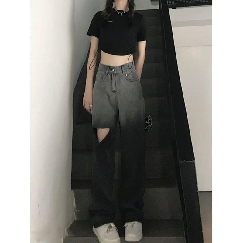 

Plus Size Gradient Ripped Denim Female High Waist Fat Sister mm Fashion High Street Loose Pants Women s Trousers Ins Fashion Black S(Suitable for 40.00 kg-45.00 kg])