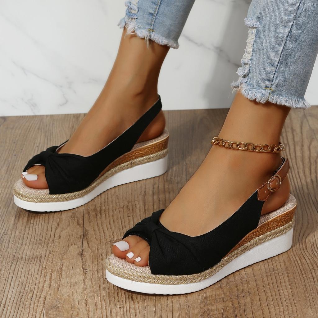 Women Thick Sole Slope Heel Sandals  Large Denim Cross Buckle One Line Strap Sandals for Women Summer Beach Sandals