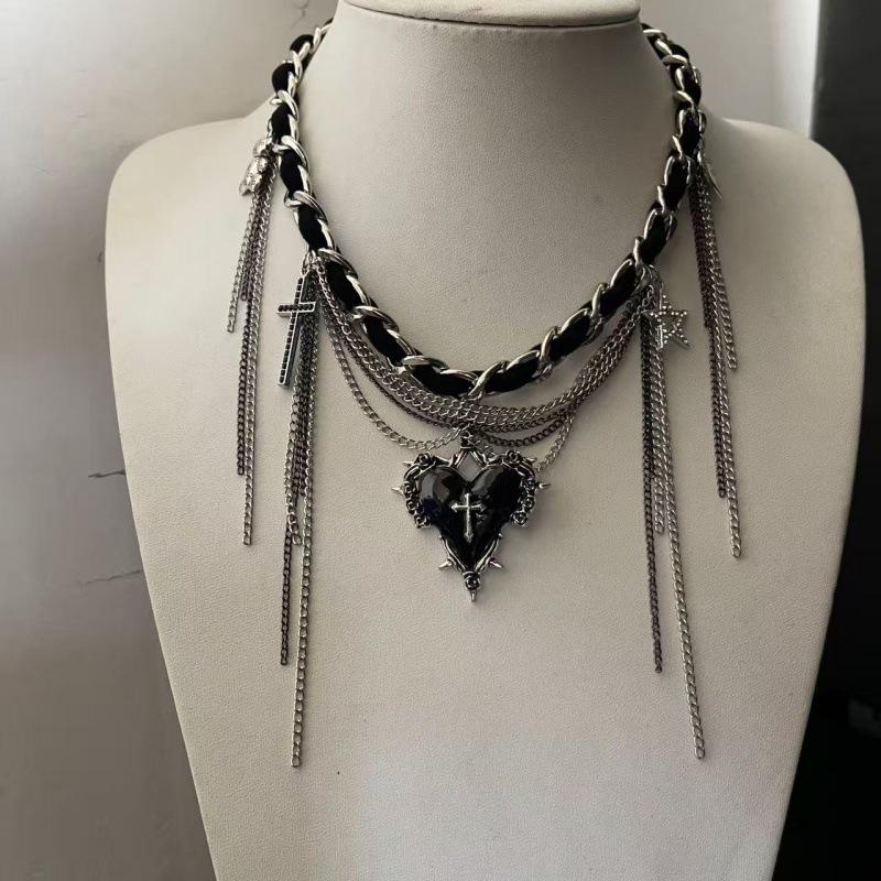 Stylish Red Heart-Star Leather Necklace with Tassel