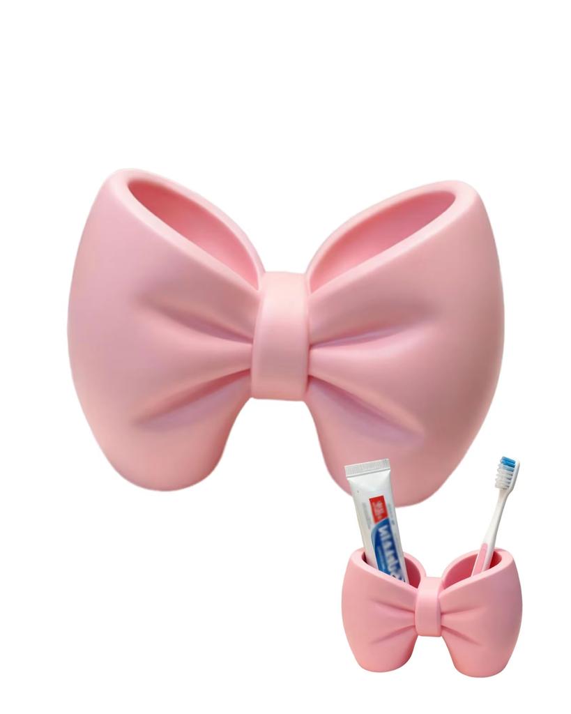 Bow Toothbrush Holder Cute Bathroom Accessories Set with Dual-Compartment Design, Makeup Brushes Holder