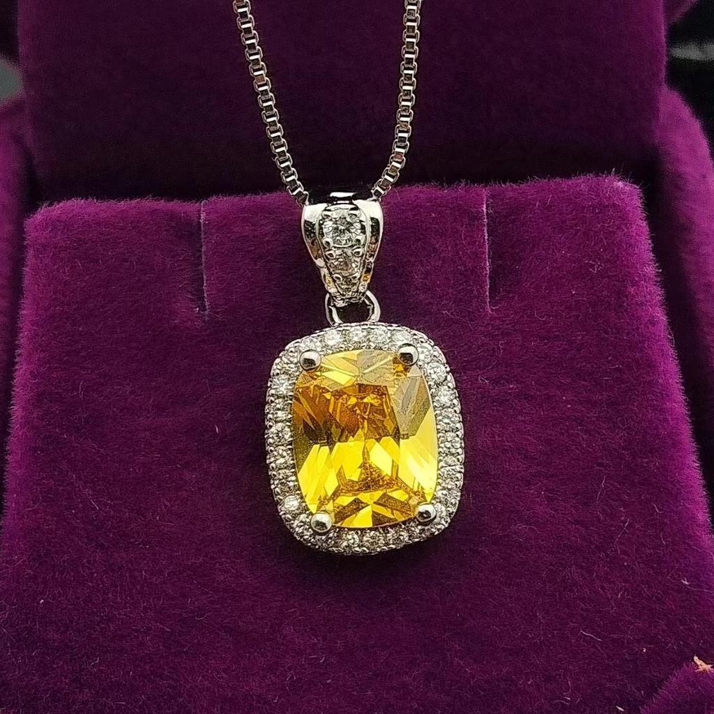 Personality Fashion Imitation Colored Gemstone Zircon Necklace Women's High-end Temperament Light Luxury Rectangular Pendant Jewelry