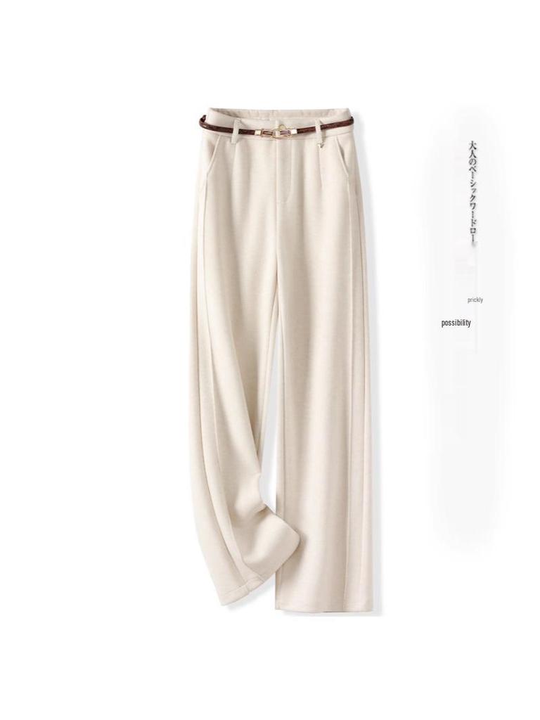 Oatmeal Wool Wide-Leg High-Waisted Slimming Pants for Autumn 2025