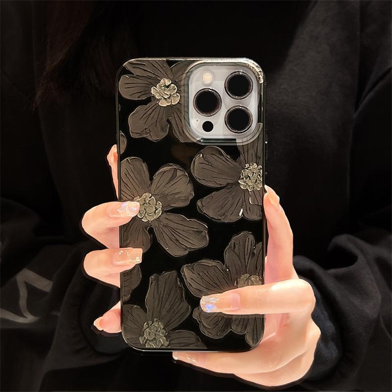 Ins Ölgemälde Schwarze Blume Handyhülle für iPhone 16 16E 15 14 13 12 11 Pro Max XR XS Max SE2 7 8 Plus Stoßfeste Weiche Hülle