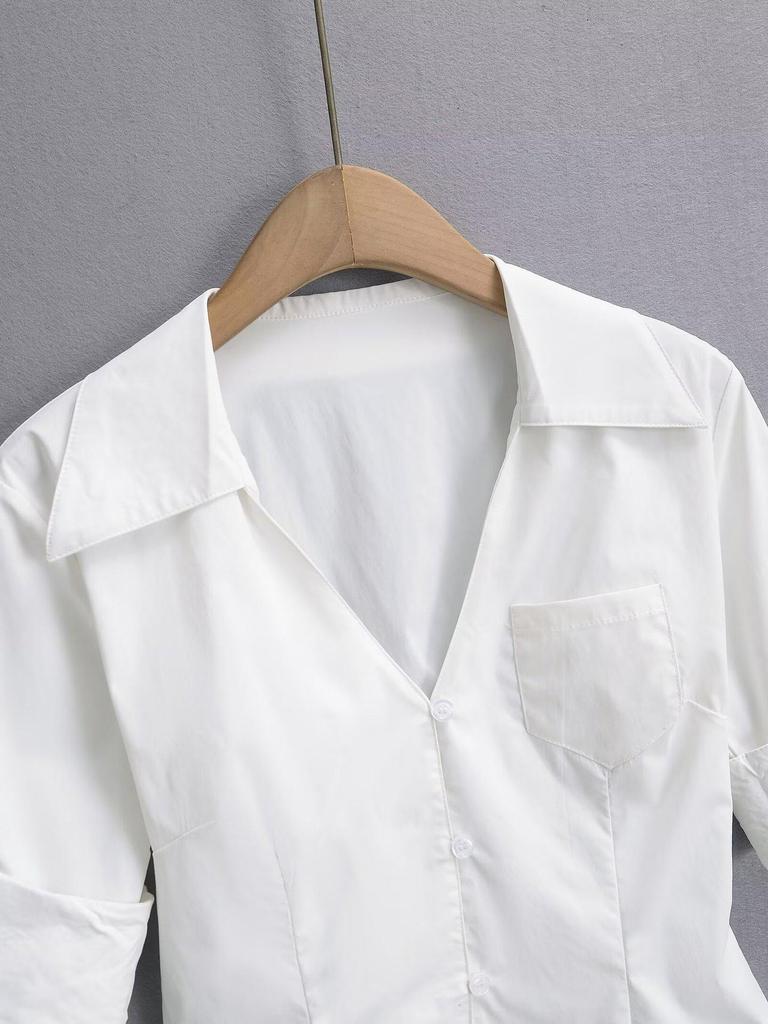 White V-Neck Slim-Fit Women's Sexy Short-Sleeved Shirt