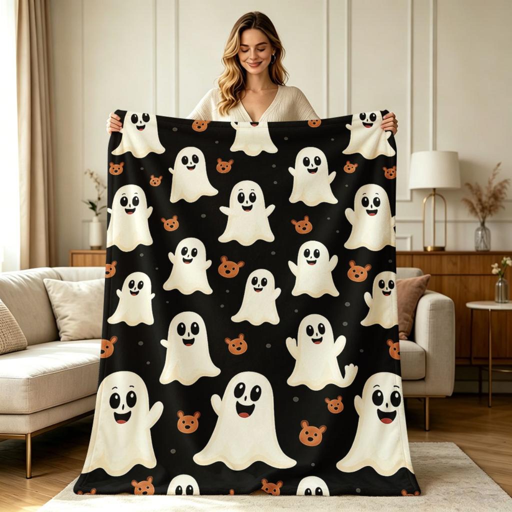 Soft Cozy Flannel Throw Blanket with Cute Ghost And Little Bear All Over Print All Season Warm Lightweight Blanket for Sofa Couch Bed Office Living Ro