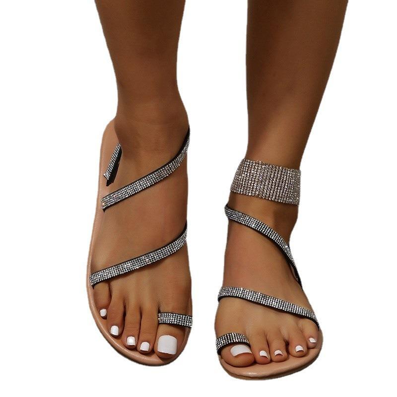 Summer New Set of Toe Sandals Women's Large Size Beach L Shoes Large Size Flat-bottomed Rhinestones Cool