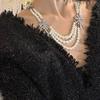 Vintage Multi Layer Imitation Pearls Beaded Necklace Rhinestones Bowknot Charm Neckchain Handmade Clavicle Chain