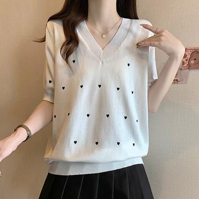 Women Sweaters Pullovers 2025 Summer Short Sleeve V-Neck Black Knitted Sweater Women Tops Pullover JJ162