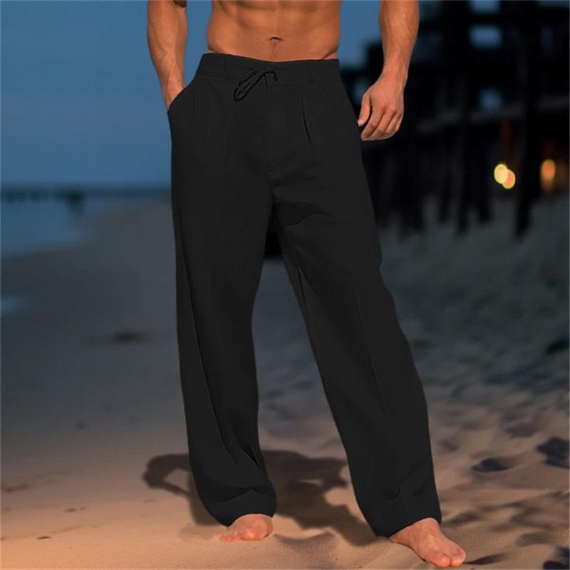 Men's Linen Trousers, Summer Beach Pants, Front Pocket, Solid Color, Breathable, Casual, Daily Vacation
