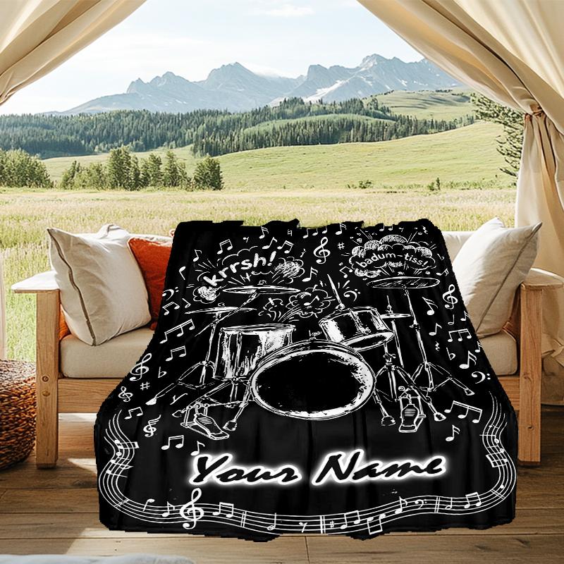 1PC Custom Name Music Drum Set Art flannel blanket versatile,all-season throw suitable for the living room,bedroom,camping,travel,and gift