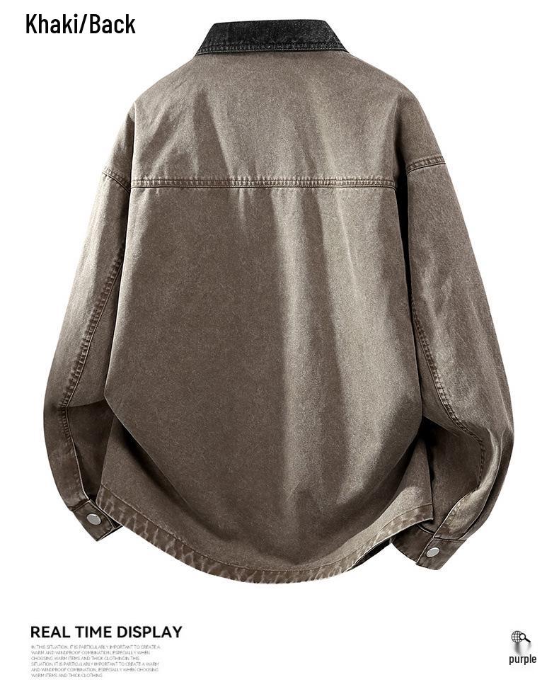 Men's Spring 2026 Retro Washed Cotton Jacket with Patchwork Lapel - Casual Trendy Outerwear