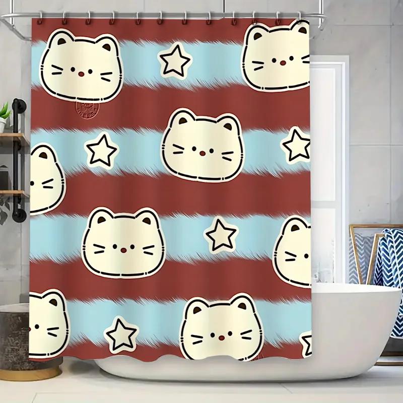 Cute Cat Pattern Shower Curtain for Kids and Adults - Waterproof and Durable Bathroom Decor with Stars and Whiskers Design W90xH180cm