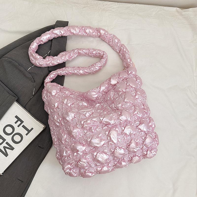 New Versatile Thread Sweet Women's Handbags Microfibersolid Color Commuting Tote Bags 2026 Plaid Ruched Shoulder Bags