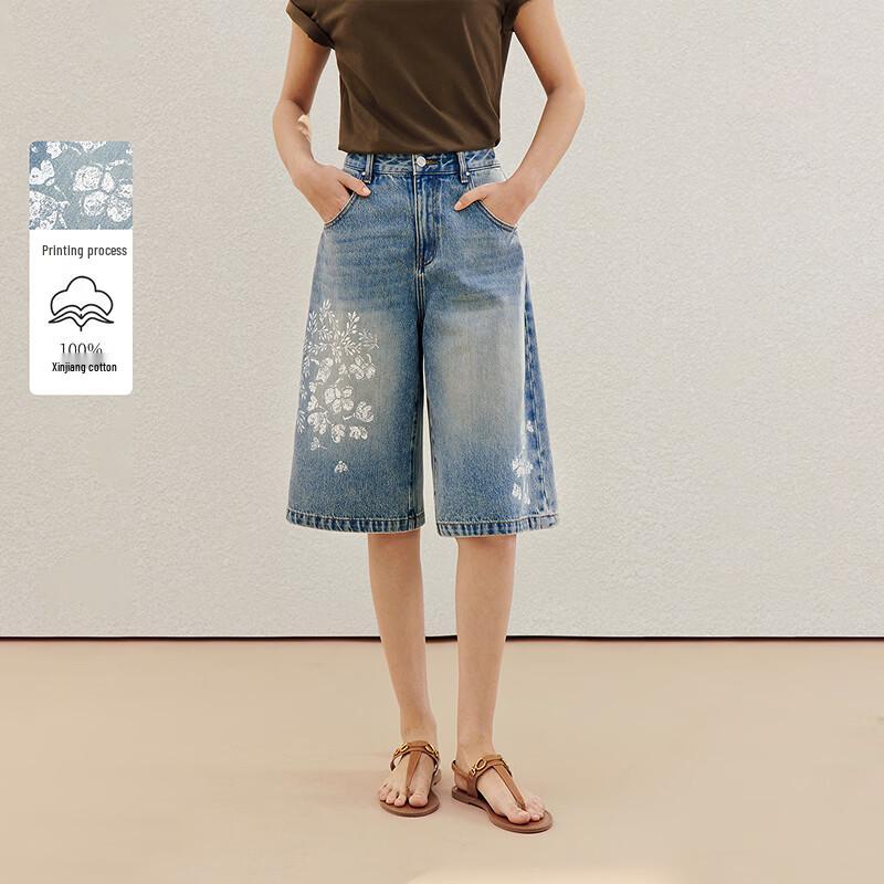 INMAN 100% Xinjiang Cotton Printed Denim Capri Straight-Leg Pants 26