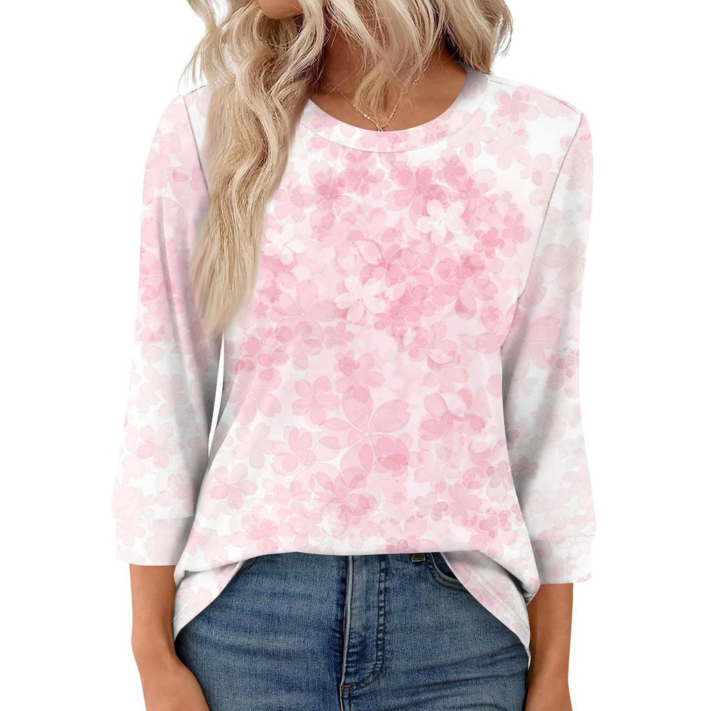 Women's Fashion Casual Round Neck 3/4 Sleeve Loose  Printed T-Shirt Ladies Top