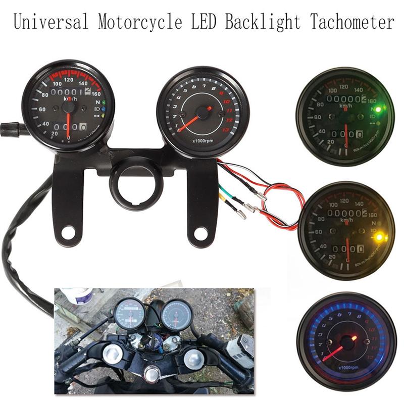 ABLZ-1 Piece Universal Motorcycle Speedometer Odometer LED Backlight Tachometer Black