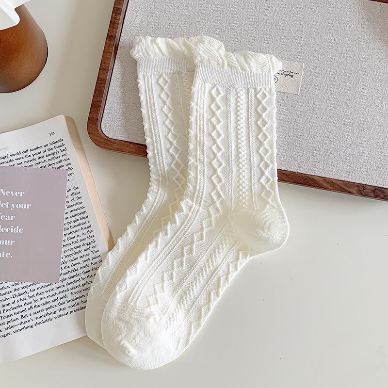 Women's Autumn Lace Ruffle Ballet Socks - Simple White Breathable Mid-Calf Scrunched JK Style.