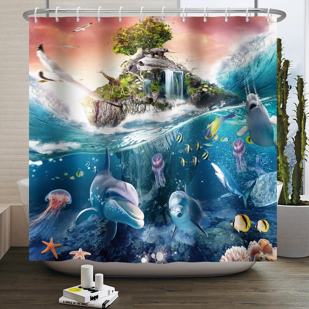 Underwater World Ocean Shower Curtain for Bathroom Seabed Animals Sea Turtle Dolphin Fish Waterproof Bathroom Curtain With Hooks