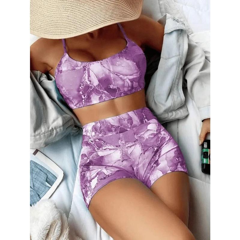 New Women's Bikini Set High Waist Print Separate Swimsuit One Piece Conservative Hip Cover Cross Border AE Stock Origin China