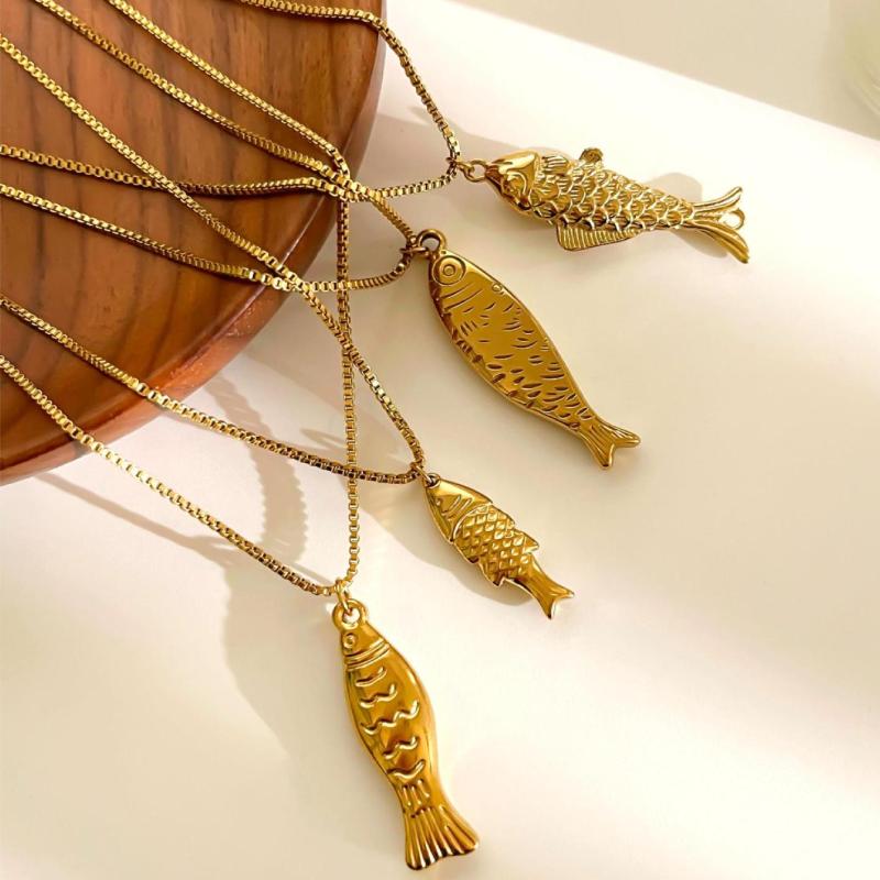 New Design Stainless Steel Gold Plated Fish Pendant Clavicle Necklace For Women Waterproof Beach Party Jewelry Accessories