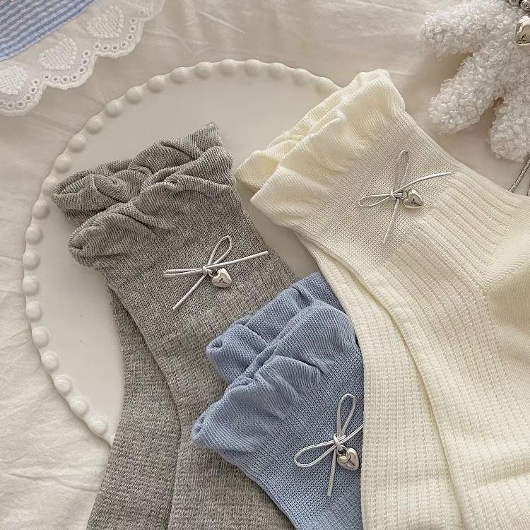 Women's Korean Style Lace Heart Bowknot Ballet Mid-Calf Cotton Socks - Thin & Breathable