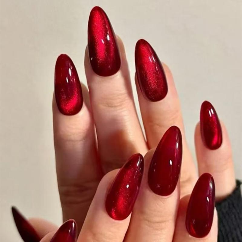 Rose Red Cat Eye Almond Press On Nails 24Pcs Glossy Stick On False Nails Simple DIY Manicure Patches For Women