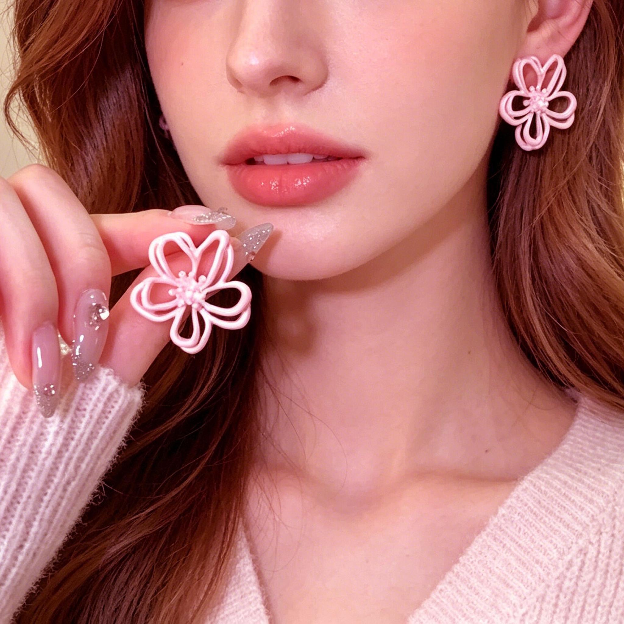 White Pink Color Flower Stud Earrings for Women Korean Fashion Double-Layer Twist Flower Earring Jewelry Gifts