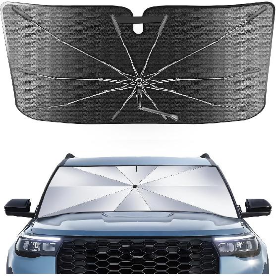 Portable Ford Explorer -2024 2025 Windshield Sunshade Umbrella With Bag, 2 In1 Ice Crystal Durable Compact Shade Umbrella UPF50+ UV Front Window Heat