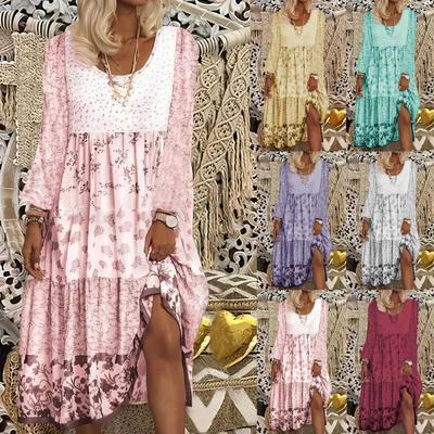2025 Long-Sleeve Printed Round Neck Dress for Women - Spring and Autumn