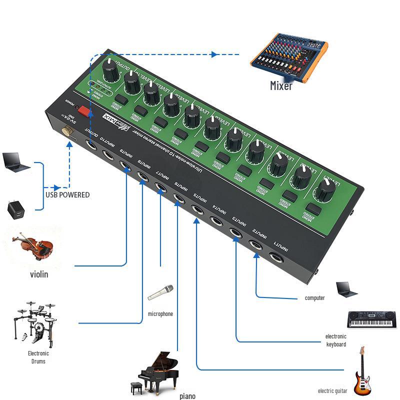 10-Channel Audio Mixer for Musical Instruments and Guitar Amplifier