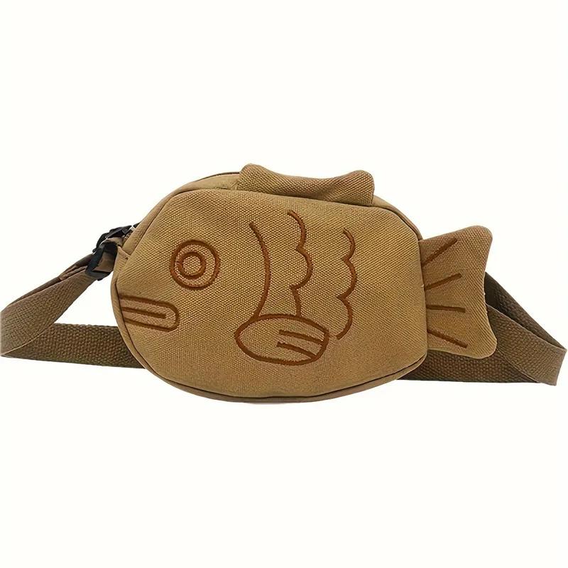 Yogodlns Fish Shape Canvas Messenger Bag Fashion Cute Embroidery Portable Zippered Small Purses Handbags Mini Crossbody Bag