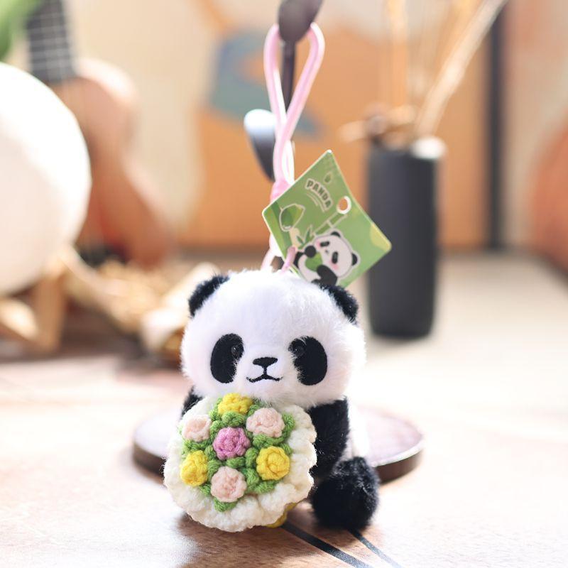 Panda Holding Flowers Plush Keychain Cute Animal Bag Charm For Kids And Teens