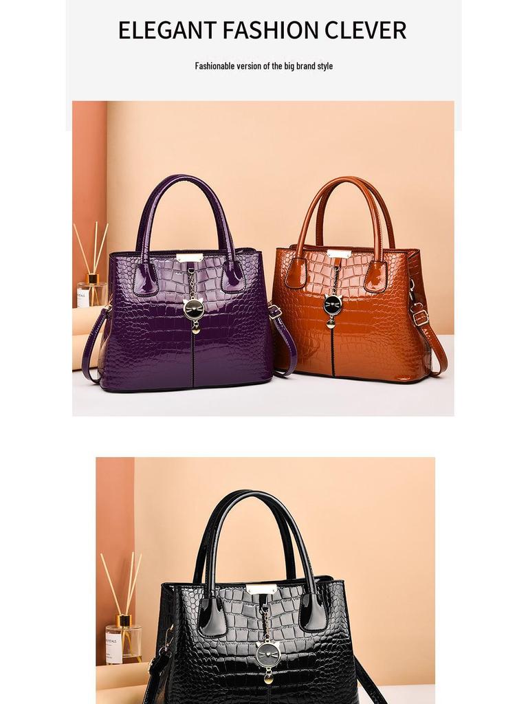 Women's Large Capacity Bright Leather Handbag - 2025 Autumn/Winter Stone Pattern Shoulder Bag