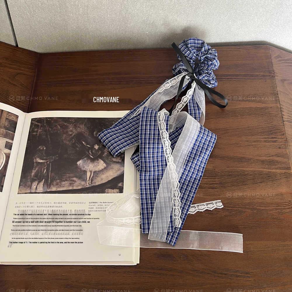 Korean Blue Plaid Bow Lace Scrunchie - Women s Hair Accessory