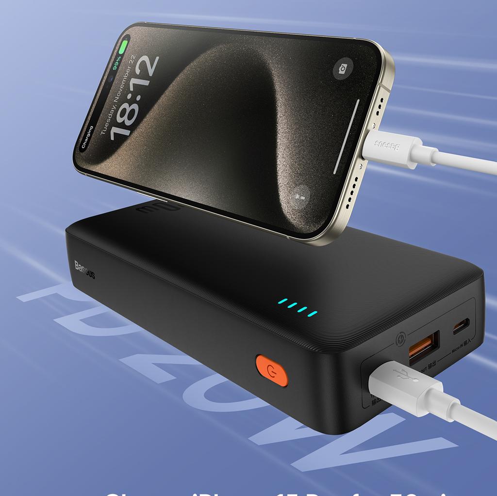 Powerbank 20000mAh Airpow 20W mit USBA USBC Kabel 50cm schwarz