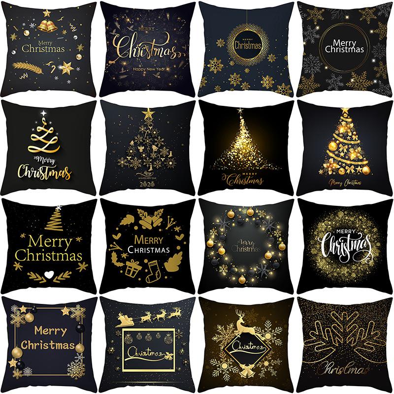New Black Hot Stamping Christmas Pillow Cover Golden Elk Christmas Tree Sofa Cushion Cover Home