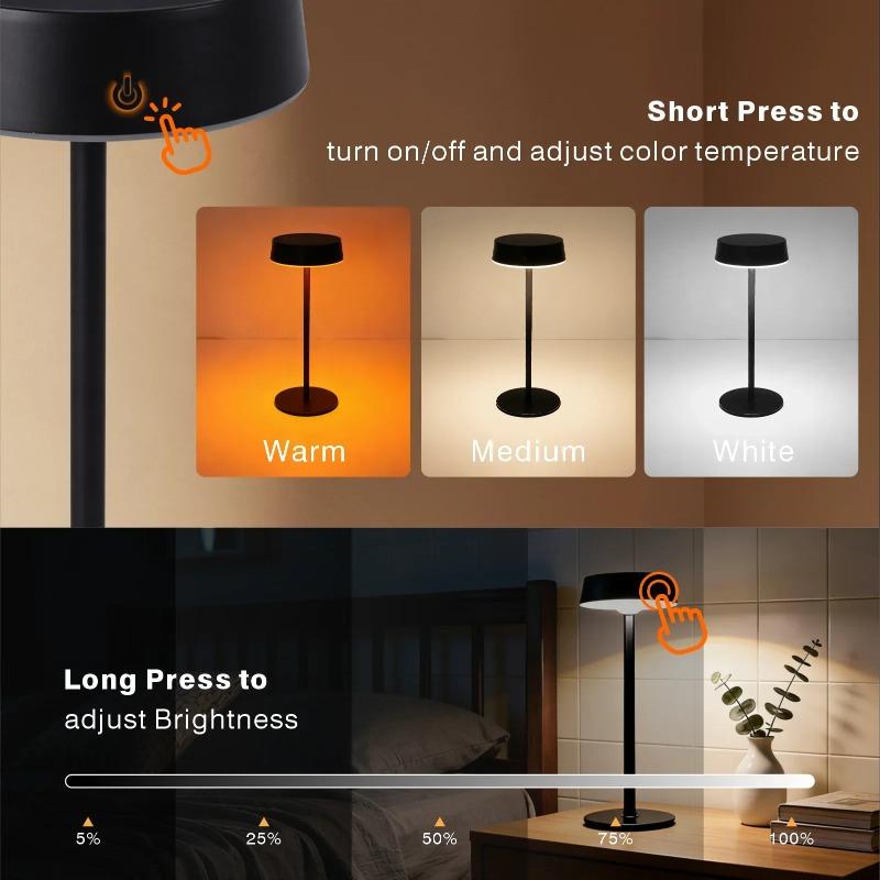 Desk Lamp Waterproof Night Light with 3 Color Temperatures, Dual Charging Modes for Bedroom, Camping and Home Daily Use