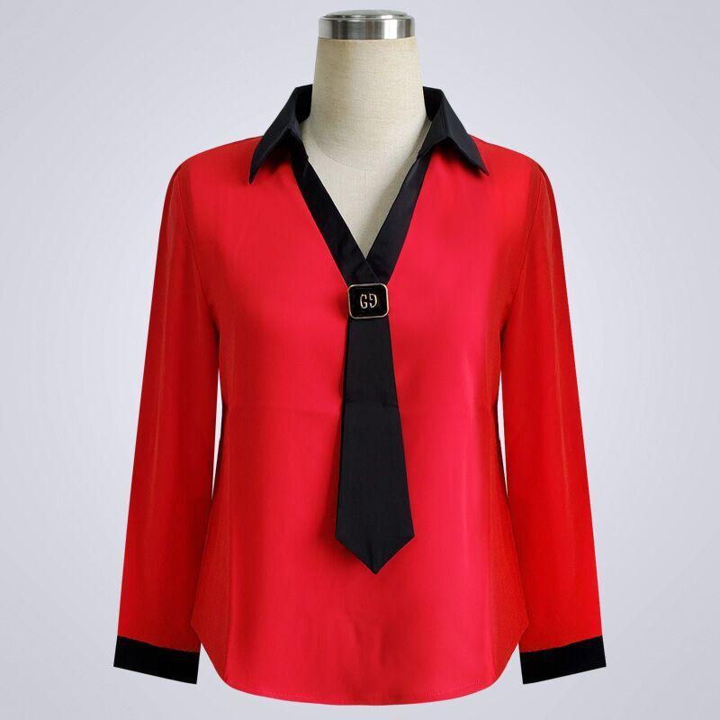 Summer Ladies Fashionable Casual Tie Decorated Long Sleeve Business Shirt